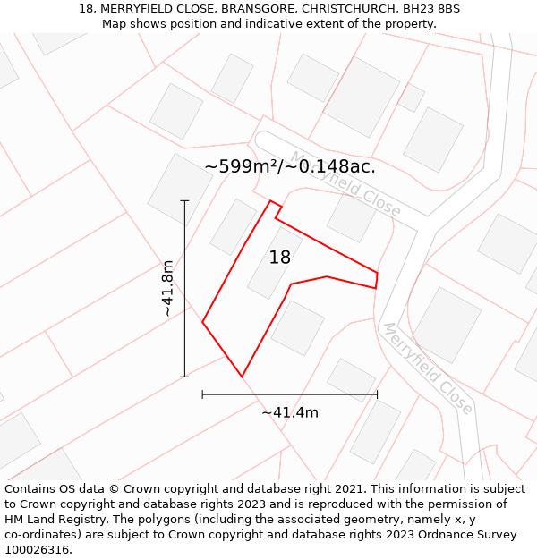 18, MERRYFIELD CLOSE, BRANSGORE, CHRISTCHURCH, BH23 8BS: Plot and title map