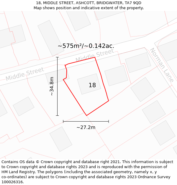 18, MIDDLE STREET, ASHCOTT, BRIDGWATER, TA7 9QD: Plot and title map