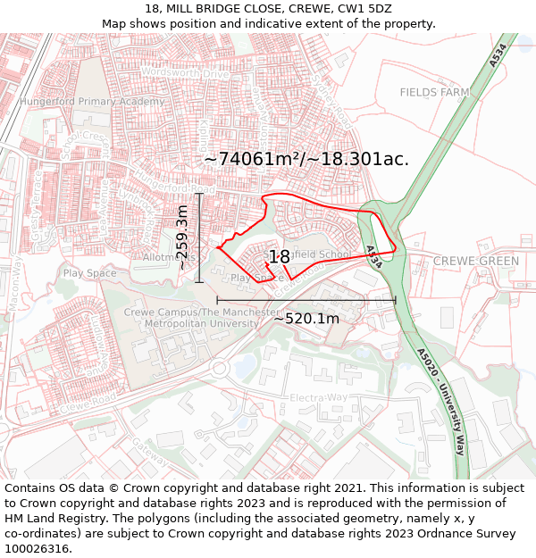 18, MILL BRIDGE CLOSE, CREWE, CW1 5DZ: Plot and title map