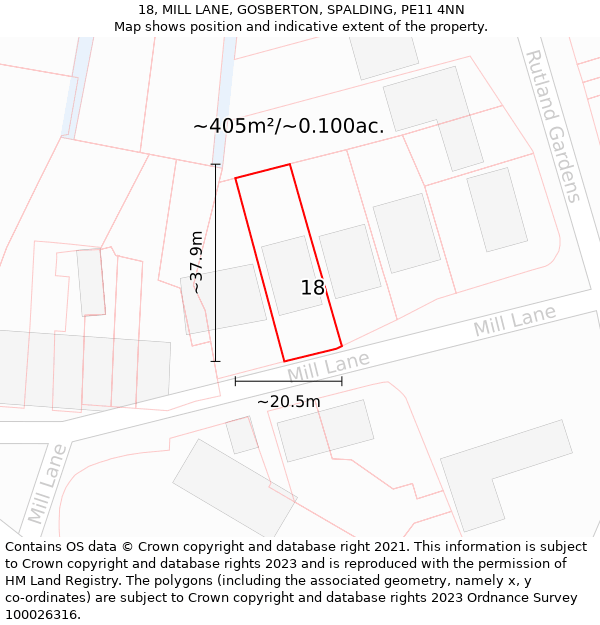 18, MILL LANE, GOSBERTON, SPALDING, PE11 4NN: Plot and title map