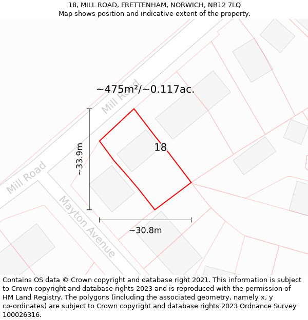 18, MILL ROAD, FRETTENHAM, NORWICH, NR12 7LQ: Plot and title map