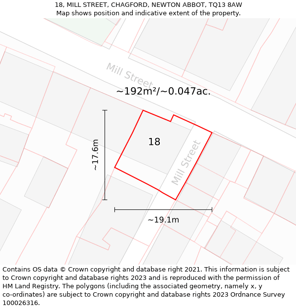 18, MILL STREET, CHAGFORD, NEWTON ABBOT, TQ13 8AW: Plot and title map