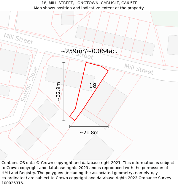 18, MILL STREET, LONGTOWN, CARLISLE, CA6 5TF: Plot and title map