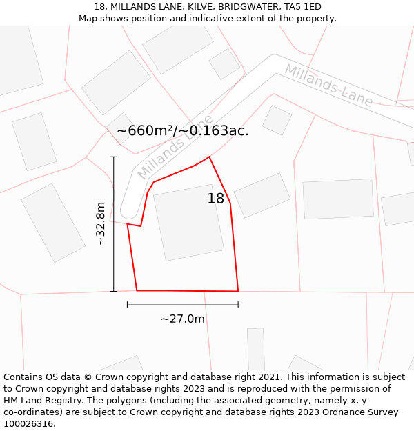 18, MILLANDS LANE, KILVE, BRIDGWATER, TA5 1ED: Plot and title map