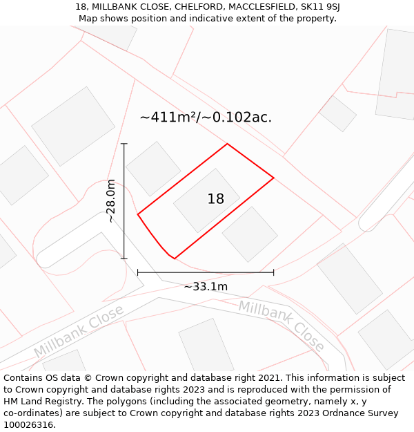 18, MILLBANK CLOSE, CHELFORD, MACCLESFIELD, SK11 9SJ: Plot and title map