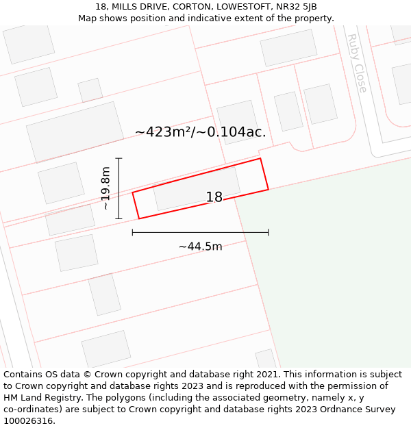 18, MILLS DRIVE, CORTON, LOWESTOFT, NR32 5JB: Plot and title map