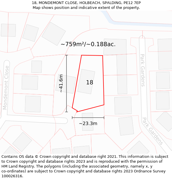 18, MONDEMONT CLOSE, HOLBEACH, SPALDING, PE12 7EP: Plot and title map