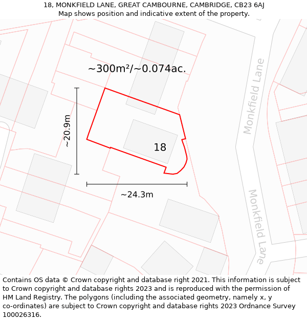 18, MONKFIELD LANE, GREAT CAMBOURNE, CAMBRIDGE, CB23 6AJ: Plot and title map