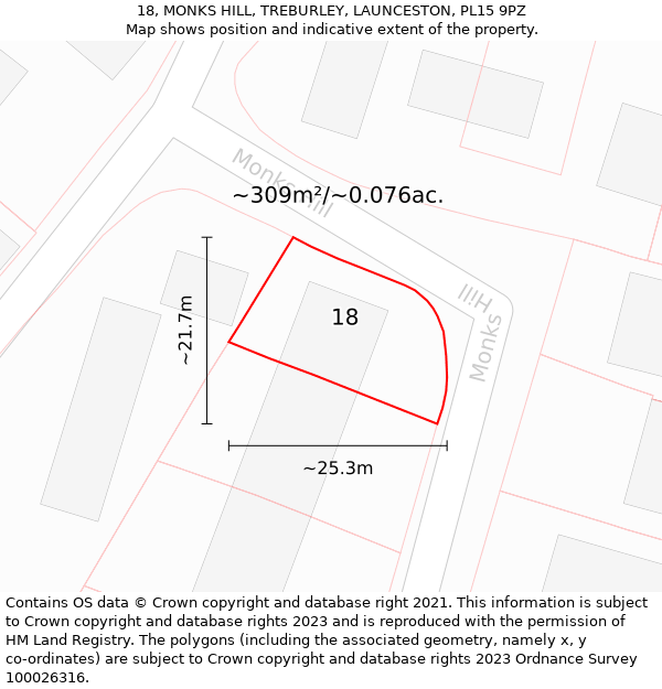 18, MONKS HILL, TREBURLEY, LAUNCESTON, PL15 9PZ: Plot and title map