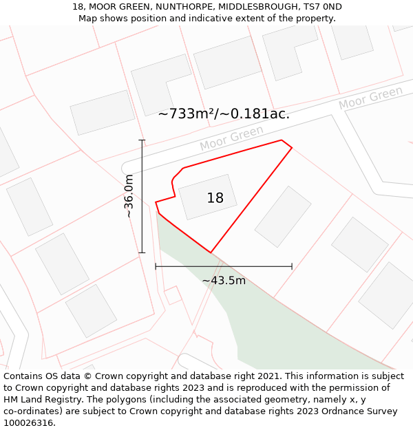 18, MOOR GREEN, NUNTHORPE, MIDDLESBROUGH, TS7 0ND: Plot and title map