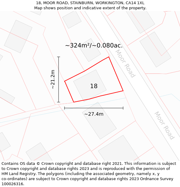 18, MOOR ROAD, STAINBURN, WORKINGTON, CA14 1XL: Plot and title map