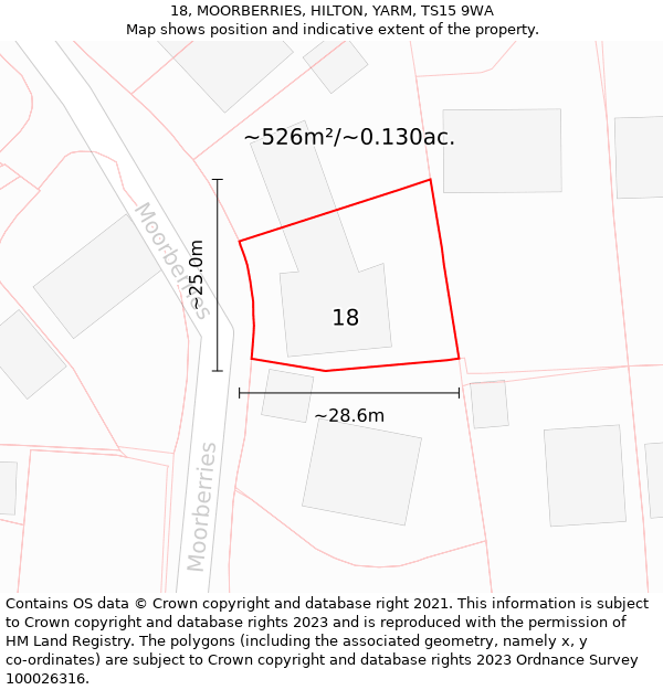 18, MOORBERRIES, HILTON, YARM, TS15 9WA: Plot and title map