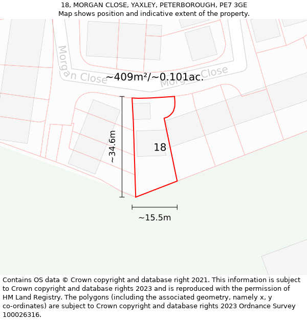 18, MORGAN CLOSE, YAXLEY, PETERBOROUGH, PE7 3GE: Plot and title map