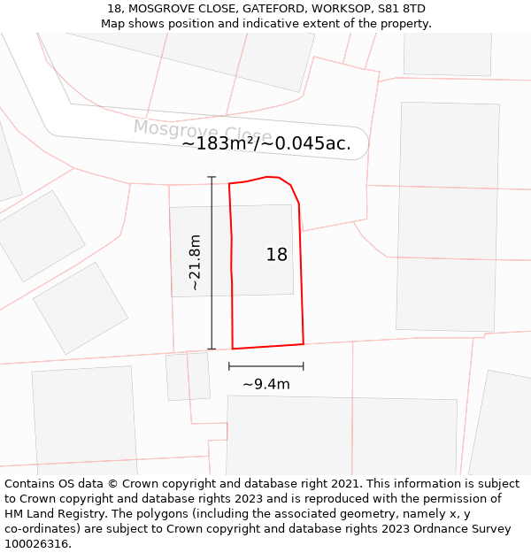 18, MOSGROVE CLOSE, GATEFORD, WORKSOP, S81 8TD: Plot and title map