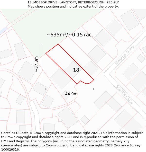 18, MOSSOP DRIVE, LANGTOFT, PETERBOROUGH, PE6 9LY: Plot and title map