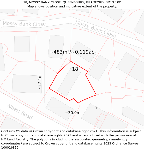 18, MOSSY BANK CLOSE, QUEENSBURY, BRADFORD, BD13 1PX: Plot and title map