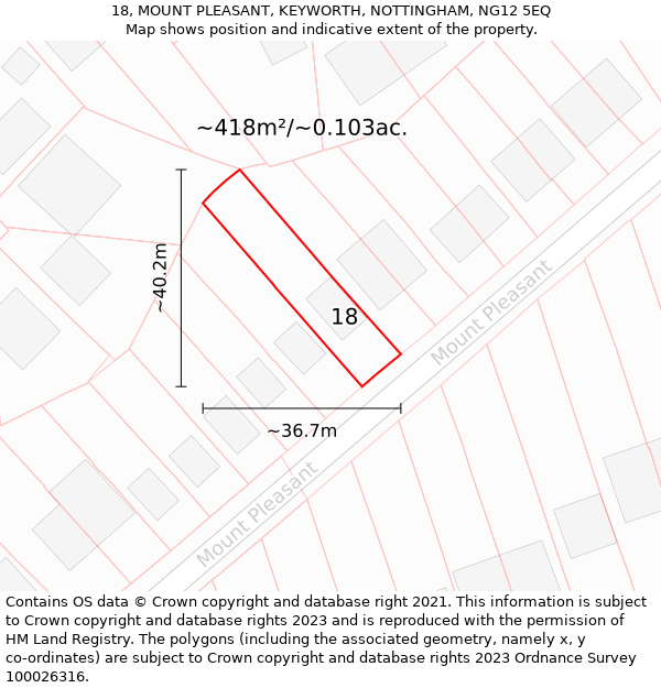 18, MOUNT PLEASANT, KEYWORTH, NOTTINGHAM, NG12 5EQ: Plot and title map