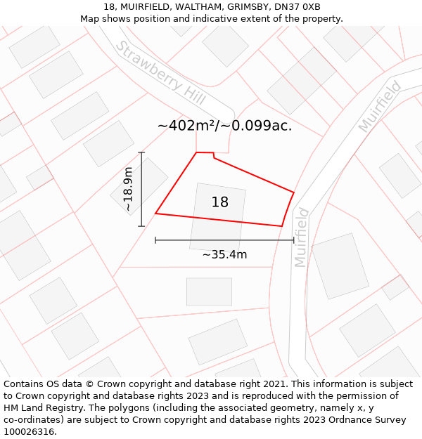 18, MUIRFIELD, WALTHAM, GRIMSBY, DN37 0XB: Plot and title map