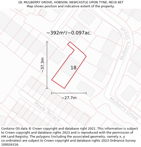 18, MULBERRY GROVE, HOBSON, NEWCASTLE UPON TYNE, NE16 6ET: Plot and title map