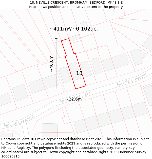 18, NEVILLE CRESCENT, BROMHAM, BEDFORD, MK43 8JE: Plot and title map