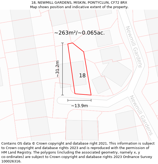 18, NEWMILL GARDENS, MISKIN, PONTYCLUN, CF72 8RX: Plot and title map