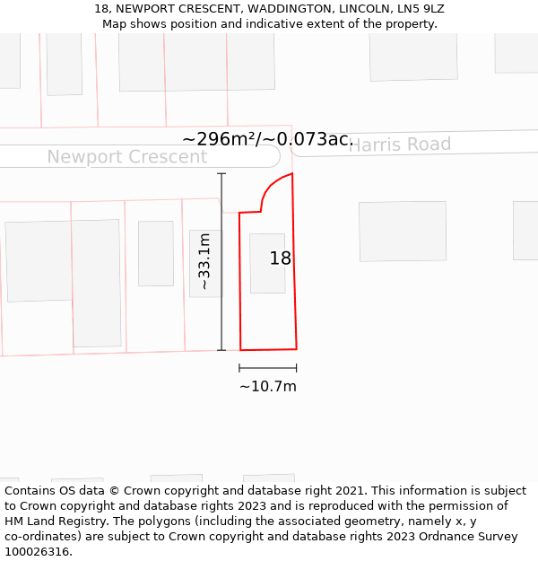 18, NEWPORT CRESCENT, WADDINGTON, LINCOLN, LN5 9LZ: Plot and title map