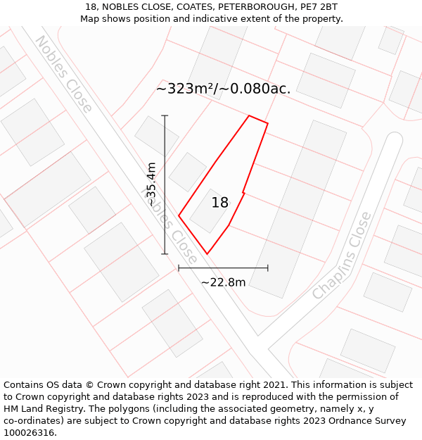 18, NOBLES CLOSE, COATES, PETERBOROUGH, PE7 2BT: Plot and title map