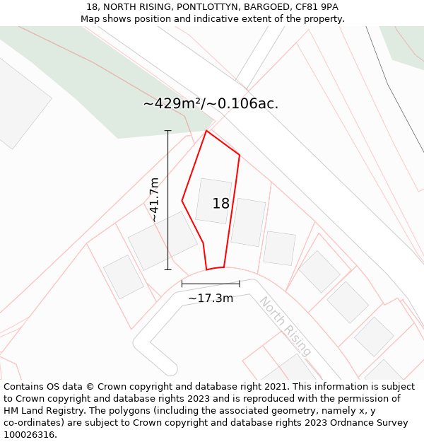 18, NORTH RISING, PONTLOTTYN, BARGOED, CF81 9PA: Plot and title map