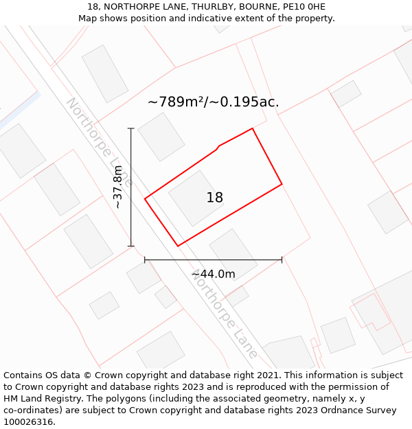 18, NORTHORPE LANE, THURLBY, BOURNE, PE10 0HE: Plot and title map