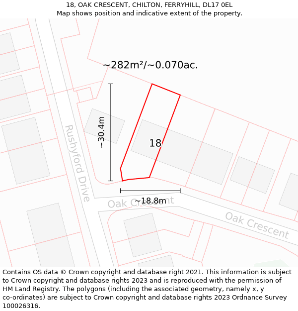 18, OAK CRESCENT, CHILTON, FERRYHILL, DL17 0EL: Plot and title map