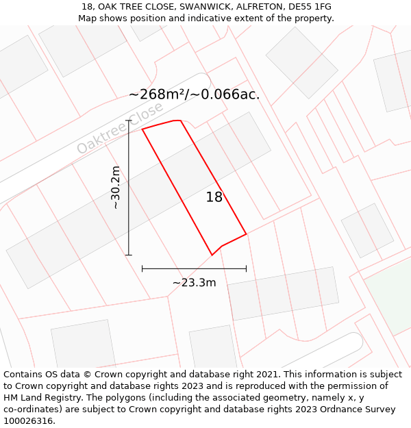 18, OAK TREE CLOSE, SWANWICK, ALFRETON, DE55 1FG: Plot and title map