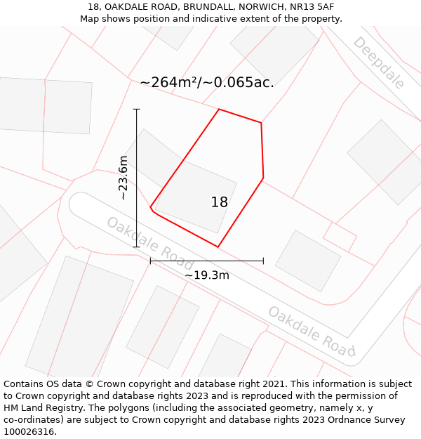 18, OAKDALE ROAD, BRUNDALL, NORWICH, NR13 5AF: Plot and title map