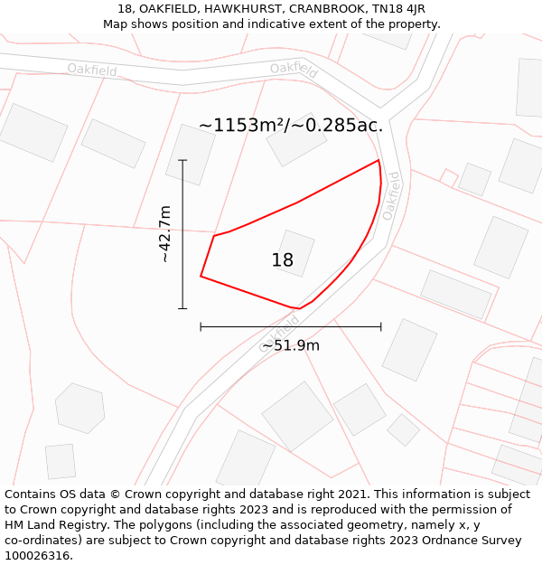 18, OAKFIELD, HAWKHURST, CRANBROOK, TN18 4JR: Plot and title map