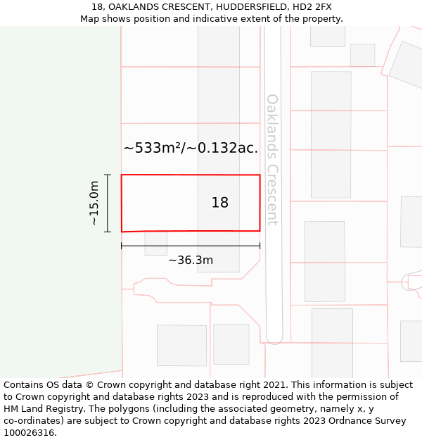 18, OAKLANDS CRESCENT, HUDDERSFIELD, HD2 2FX: Plot and title map