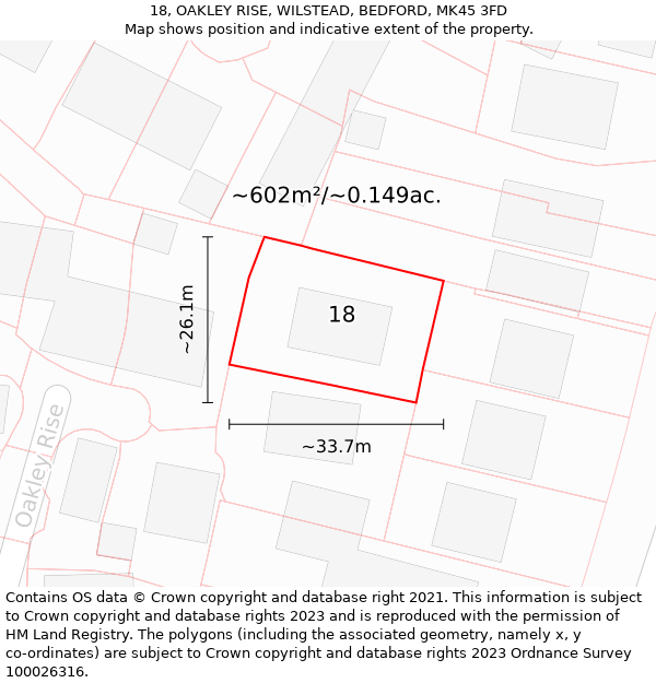 18, OAKLEY RISE, WILSTEAD, BEDFORD, MK45 3FD: Plot and title map