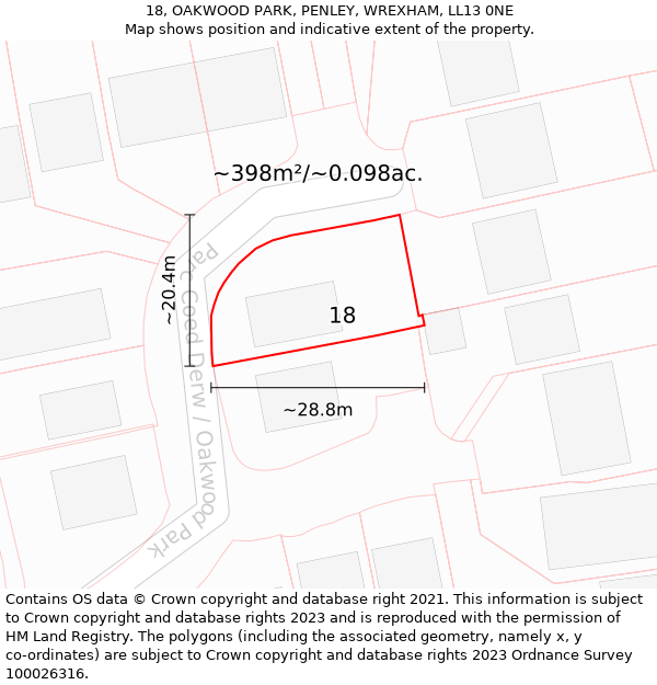 18, OAKWOOD PARK, PENLEY, WREXHAM, LL13 0NE: Plot and title map