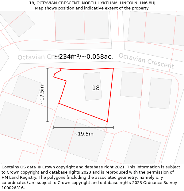 18, OCTAVIAN CRESCENT, NORTH HYKEHAM, LINCOLN, LN6 8HJ: Plot and title map