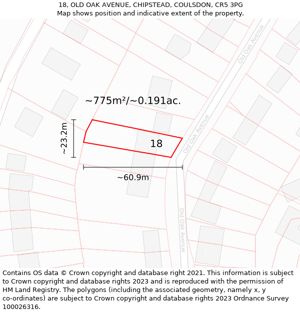 18, OLD OAK AVENUE, CHIPSTEAD, COULSDON, CR5 3PG: Plot and title map