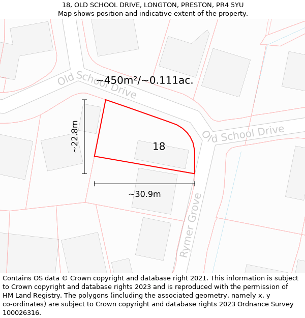 18, OLD SCHOOL DRIVE, LONGTON, PRESTON, PR4 5YU: Plot and title map