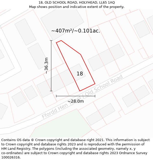 18, OLD SCHOOL ROAD, HOLYHEAD, LL65 1AQ: Plot and title map