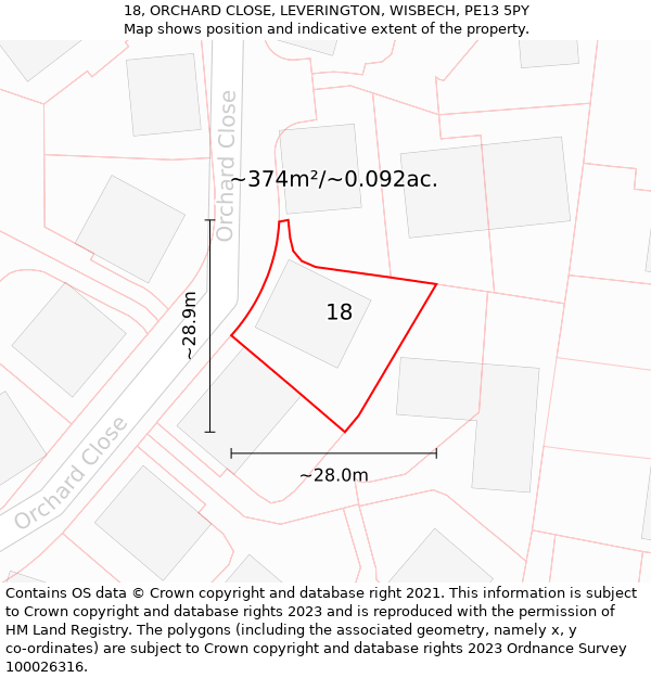 18, ORCHARD CLOSE, LEVERINGTON, WISBECH, PE13 5PY: Plot and title map