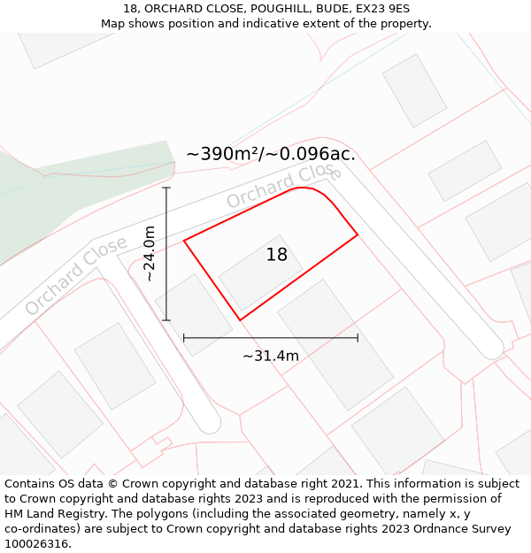 18, ORCHARD CLOSE, POUGHILL, BUDE, EX23 9ES: Plot and title map