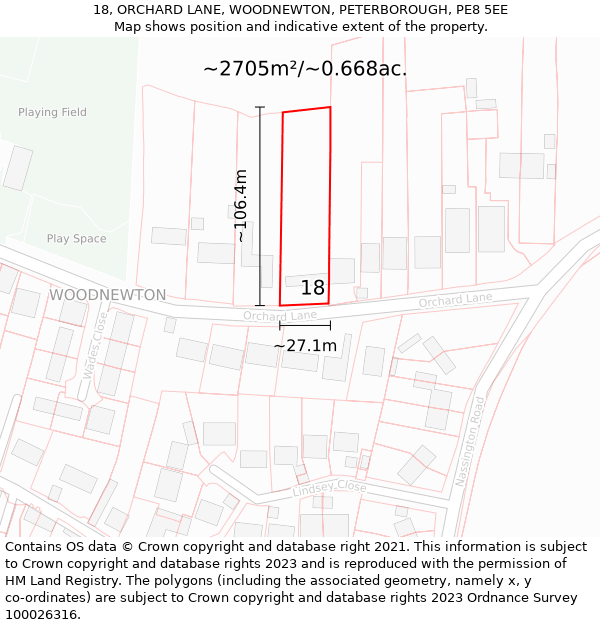 18, ORCHARD LANE, WOODNEWTON, PETERBOROUGH, PE8 5EE: Plot and title map