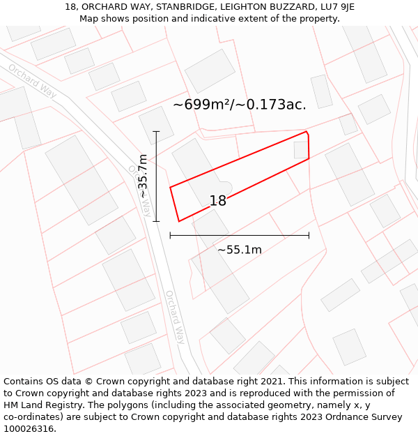 18, ORCHARD WAY, STANBRIDGE, LEIGHTON BUZZARD, LU7 9JE: Plot and title map