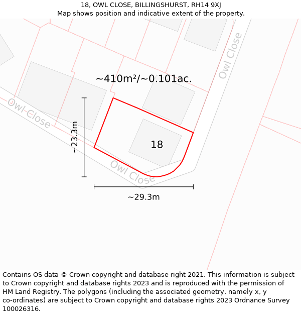 18, OWL CLOSE, BILLINGSHURST, RH14 9XJ: Plot and title map