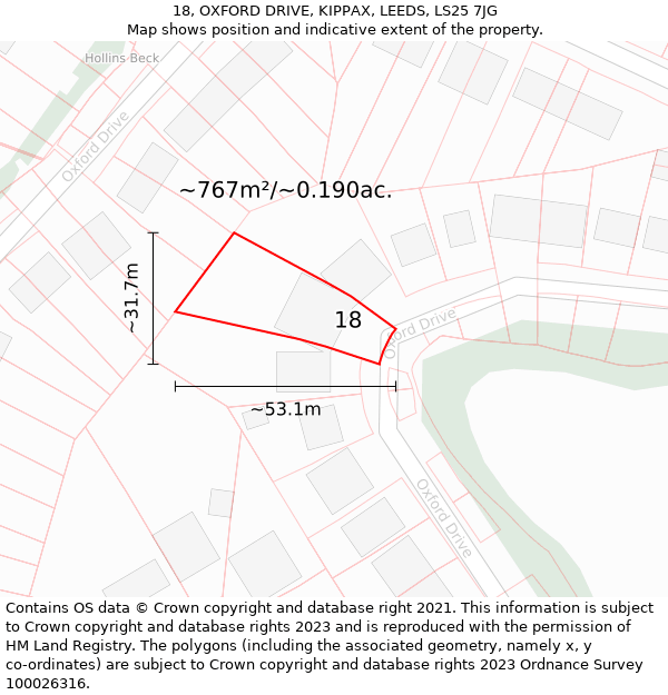 18, OXFORD DRIVE, KIPPAX, LEEDS, LS25 7JG: Plot and title map