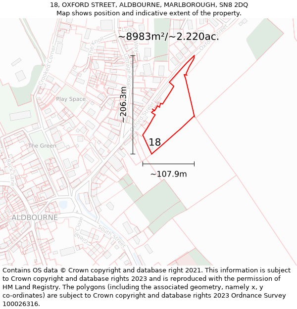 18, OXFORD STREET, ALDBOURNE, MARLBOROUGH, SN8 2DQ: Plot and title map
