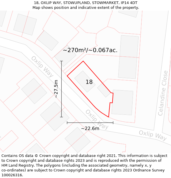 18, OXLIP WAY, STOWUPLAND, STOWMARKET, IP14 4DT: Plot and title map