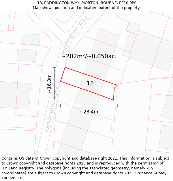 18, PADDINGTON WAY, MORTON, BOURNE, PE10 0PS: Plot and title map