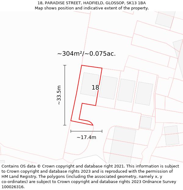 18, PARADISE STREET, HADFIELD, GLOSSOP, SK13 1BA: Plot and title map